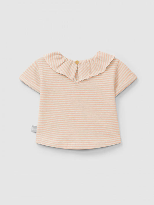 T-shirt rayé en coton à col volanté | Pêche | Près du corps