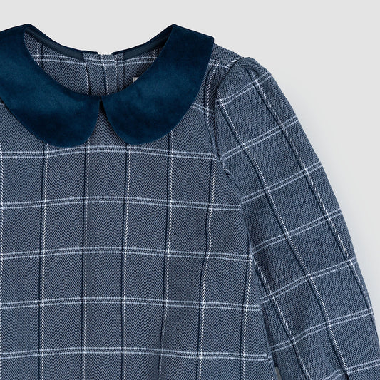 Robe col claudine en tweed à carreaux bleu marine | Miles The Label