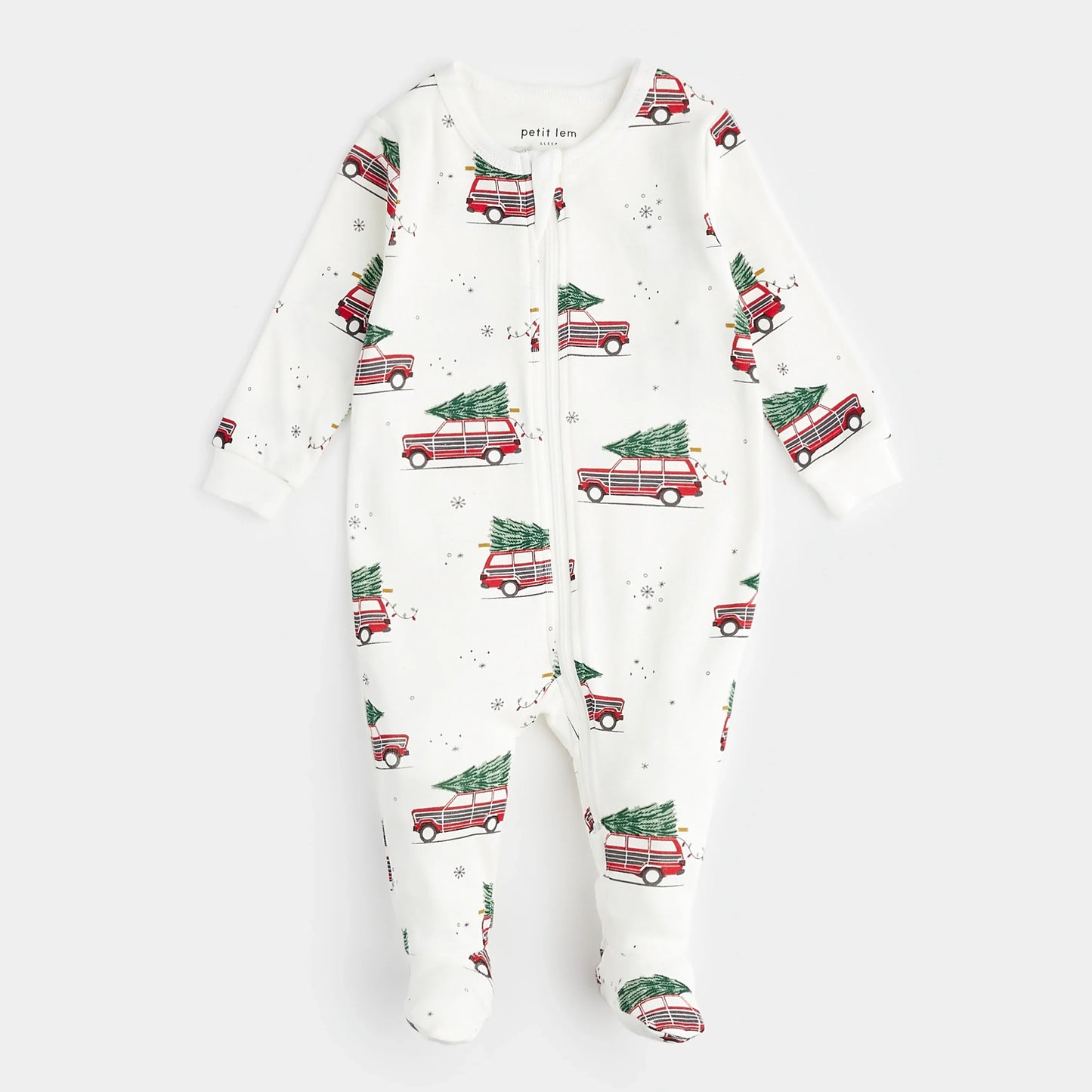 Footed Sleeper | Festive Cars Print on Off-White | Petit Lem