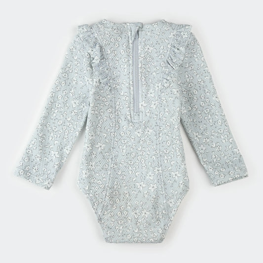Long-Sleeve One-Piece Swimsuit | Vintage Flowers Print on Powder Blue | Petit Lem