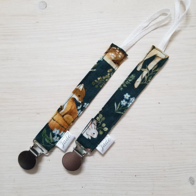 Nouveauté - Attache-suce Tissu - clip Inox - Forêt enchantée