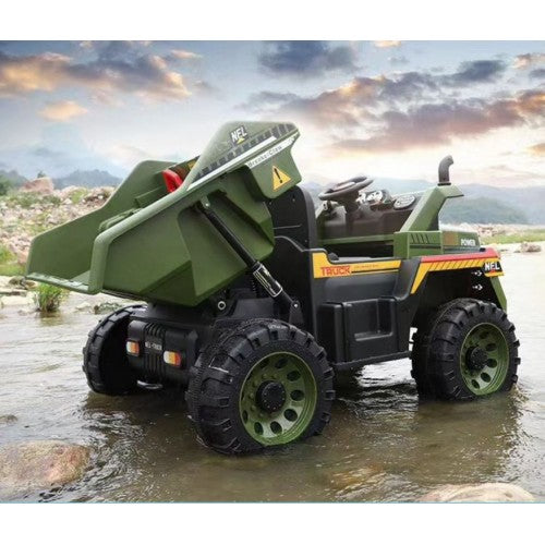 Camion benne 12 V biplace pour enfants 2026 avec télécommande et benne basculante électronique