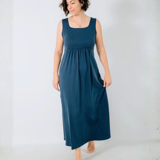 Robe longue trapèze en bambou à encolure carrée pour femme | Marine