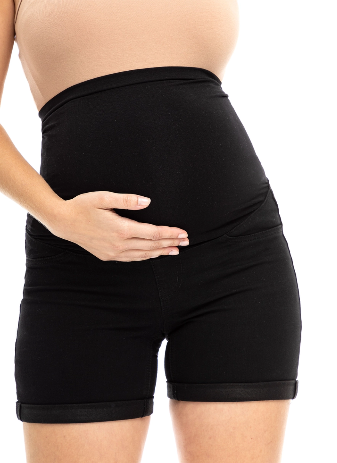 Black Roll-Hem Maternity Denim Shorts