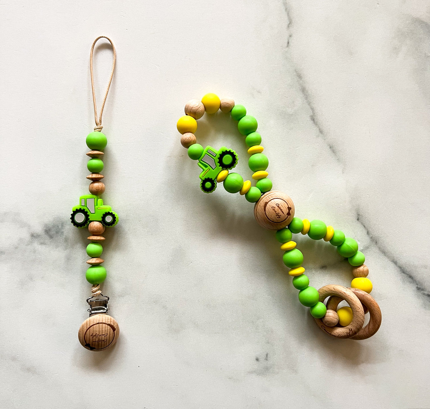 Pacifier Clip & Infinity Rattle Duo - Green Tractor (see description)