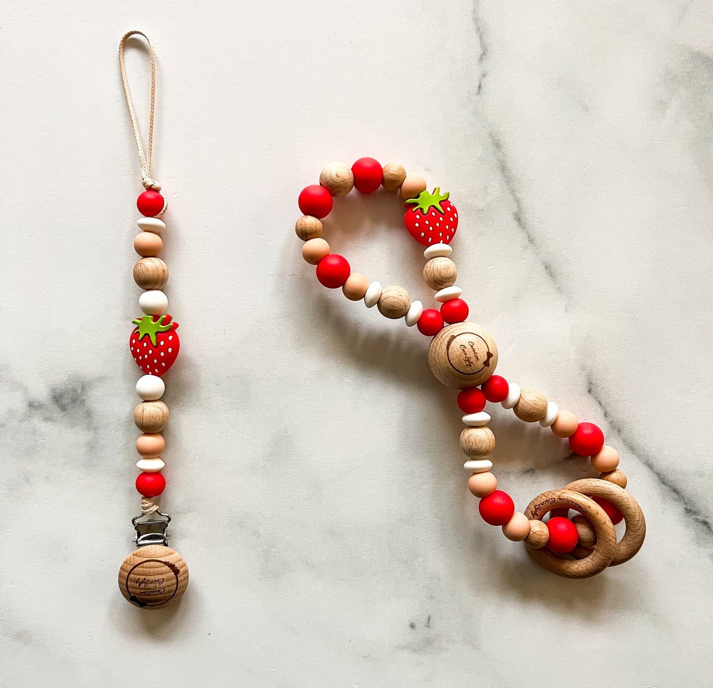 Pacifier Clip & Infinity Rattle Duo - Strawberry (see description)