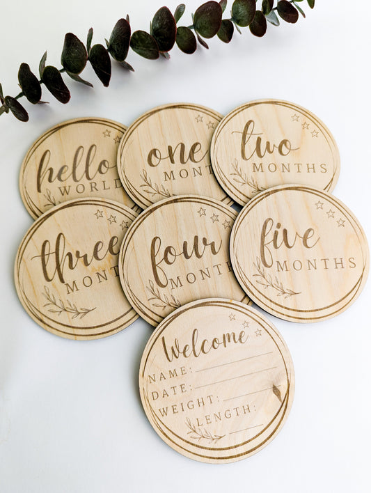 Baby Milestone Discs Set 2 – Engraved Beech Wood