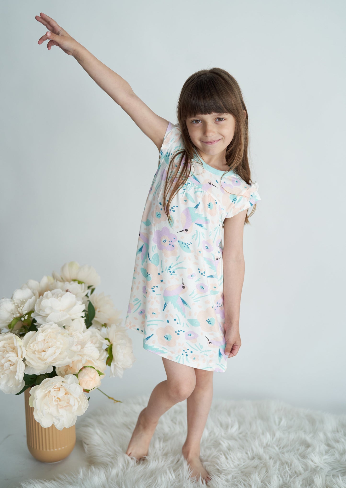 Bamboo Double Sleeve Ruffle Dress with Bloomer (Hummingbird Garden Print)