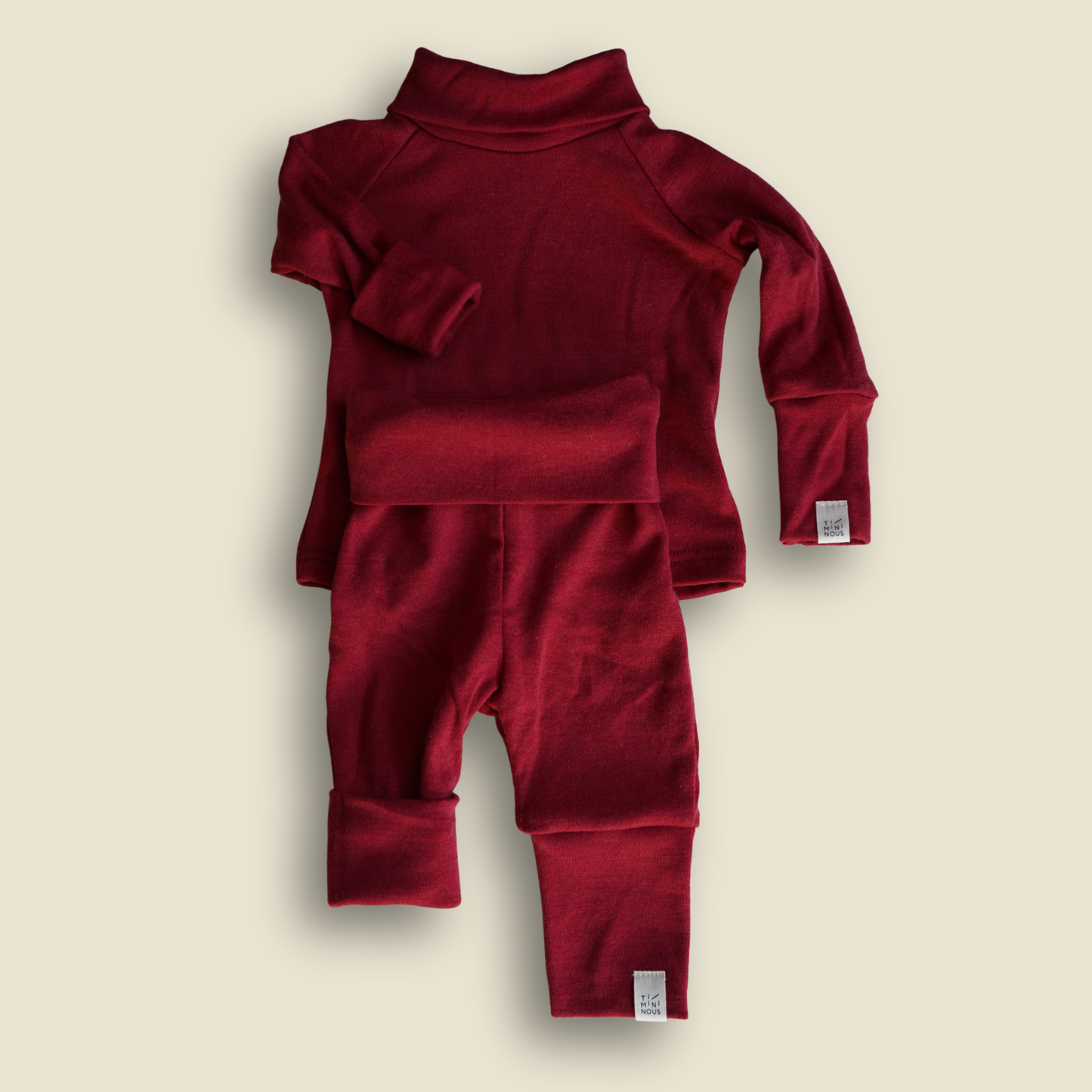 Ensemble thermique évolutif à col roulé en laine de mérinos - Rubis - 3-12 M