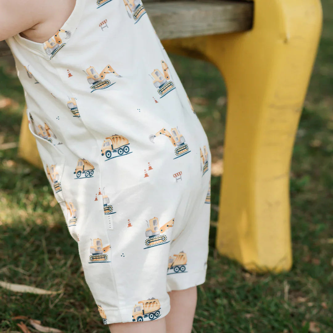 Sleeveless Romper | Diggers on White | Petit Lem