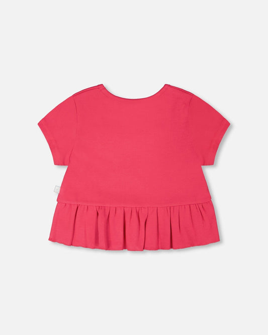 Rib Crop T-Shirt With Frill Pink