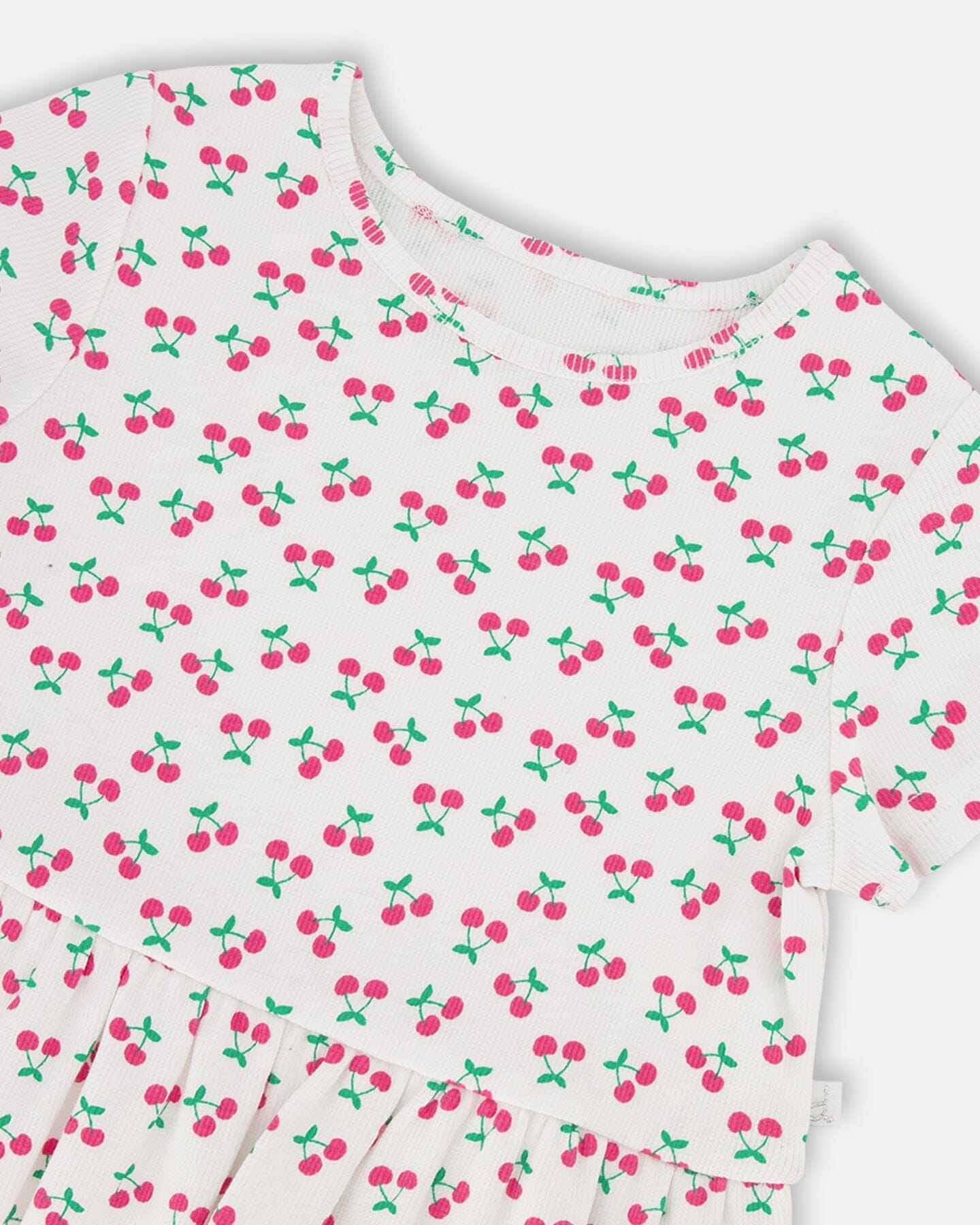 Rib Crop T-Shirt With Frill White Printed Cheeries