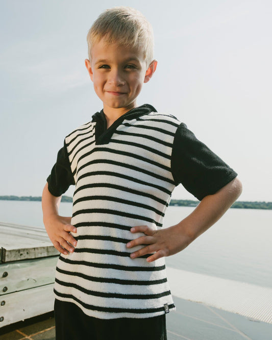 Hooded Terry T-Shirt With Shorts Set Black And White Stripes