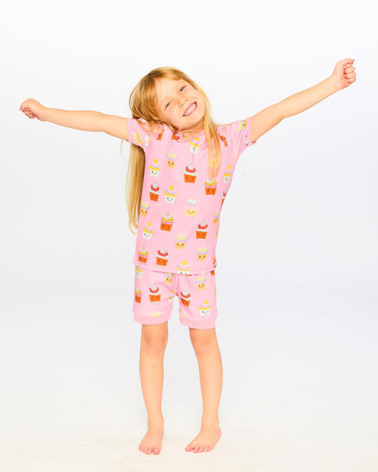 Organic Cotton Two-Piece Pyjama Set Pink Cupcake Print
