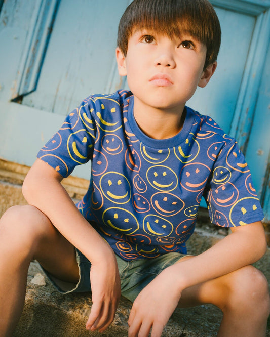 Organic Cotton Jersey T-Shirt Blue Smiley Print