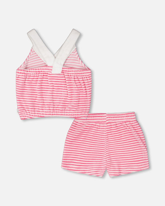 Striped Terry Cloth Top And Short Set White And Pink