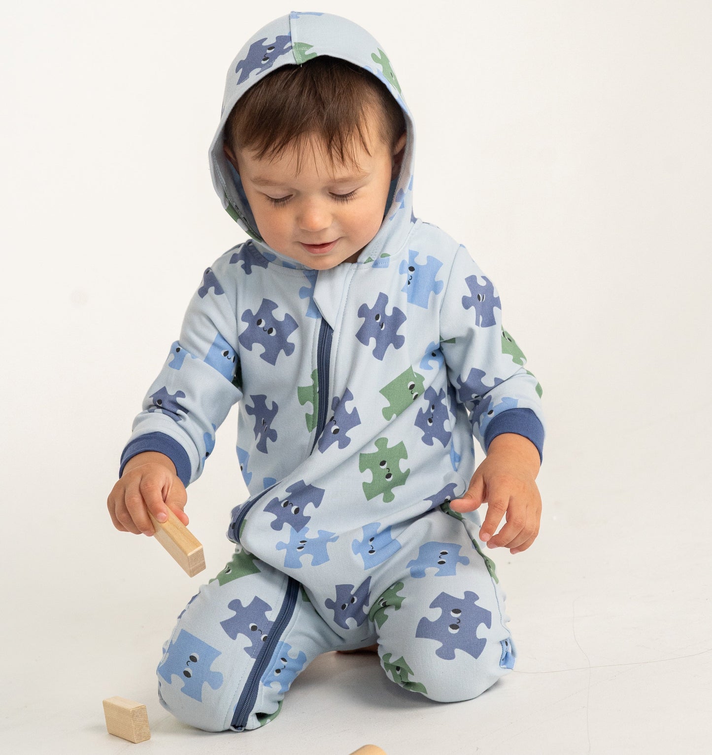 Bamboo Fleece Hooded Romper w/2 Way Zipper (Puzzle Pals Print)