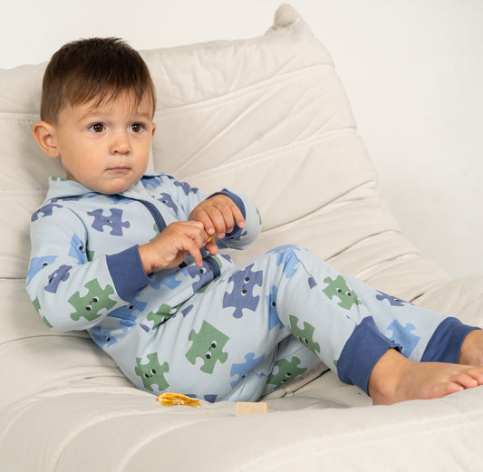 Bamboo Fleece Hooded Romper with 2 Way Zipper (Puzzle Pals Print)
