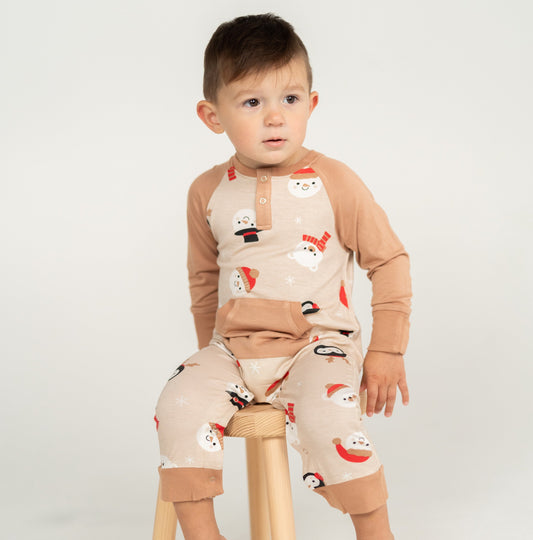 Bamboo Long Sleeve Romper with Kangaroo Pocket (Snowy Faces Print)