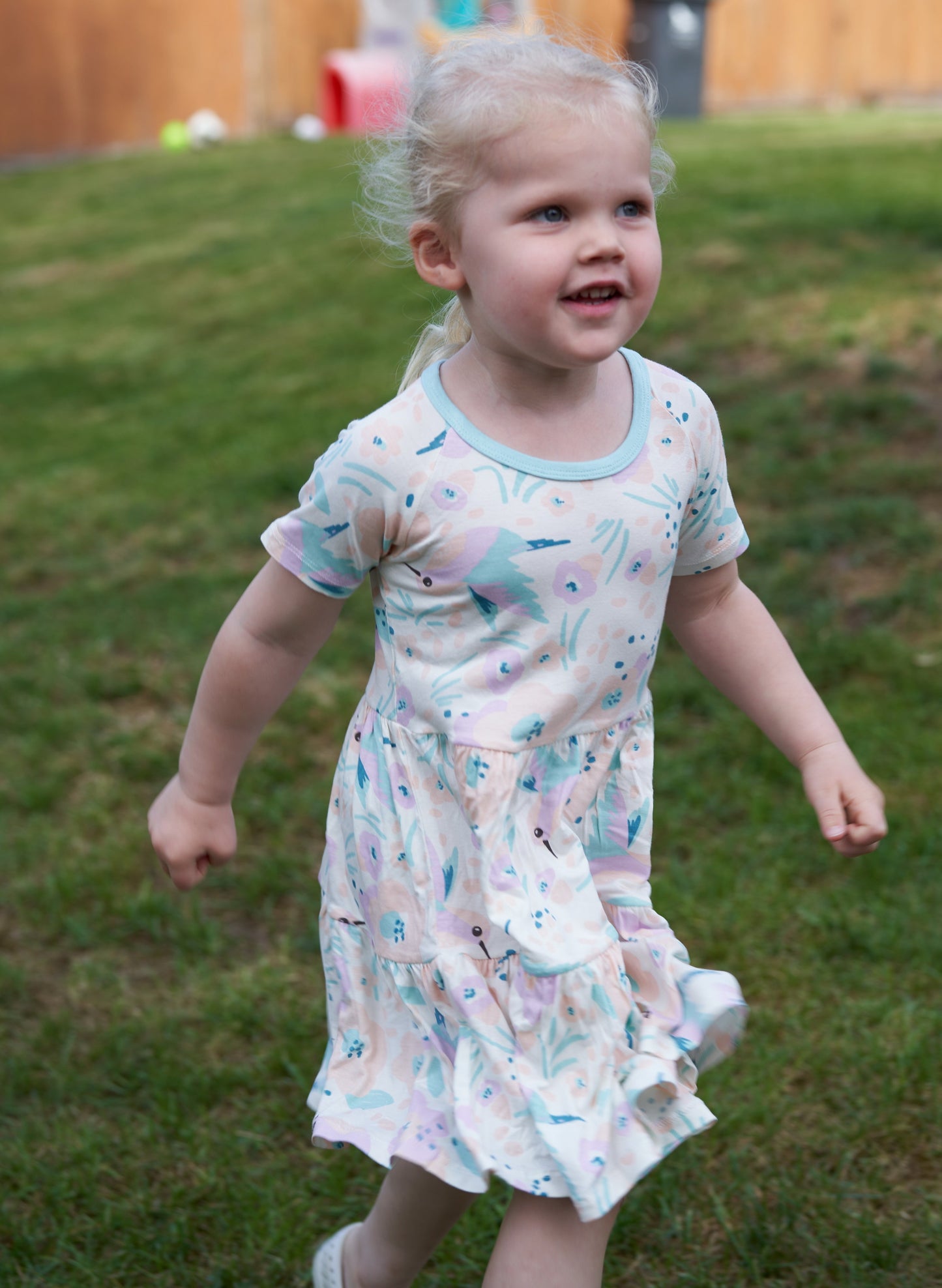 Bamboo Tiered Jersey Dress with Bloomer (Hummingbird Garden Print)