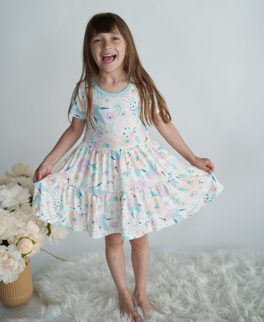 Bamboo Tiered Jersey Dress with Bloomer (Hummingbird Garden Print)