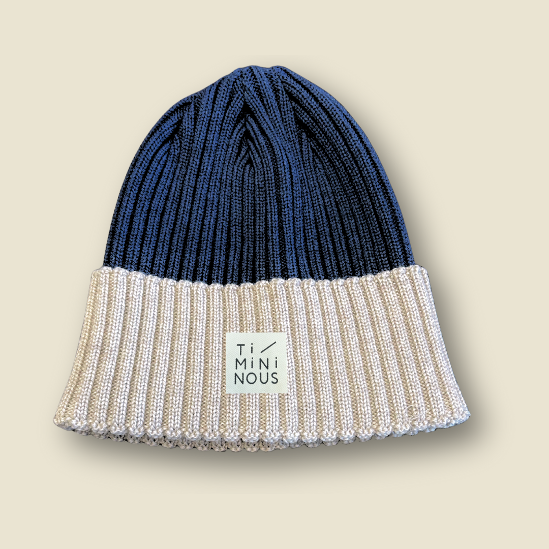 Tuque 100% laine de mérinos pour enfant et adulte - Bleu acier & écru