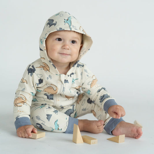 Bamboo Fleece Hooded Romper with 2 Way Zipper (Dino Delight Print)