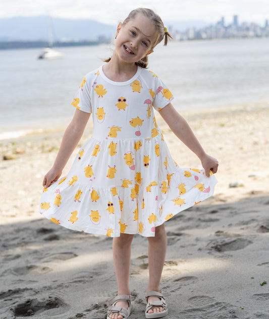 Bamboo Tiered Jersey Dress with Bloomer (Little Chick Print)