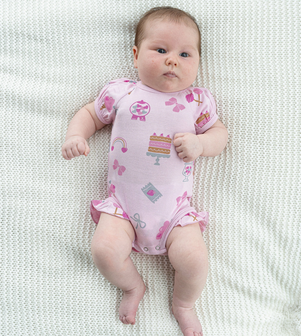 Bamboo Short Sleeve Ruffle Onesie (Sweet Shop Print)