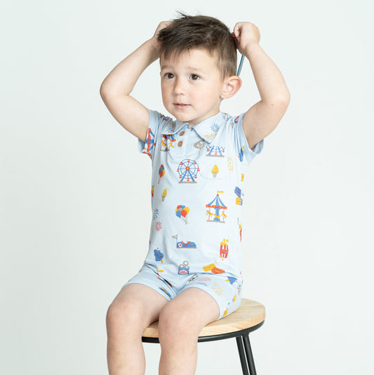 Bamboo Short Sleeve Polo Romper (Funland Print)