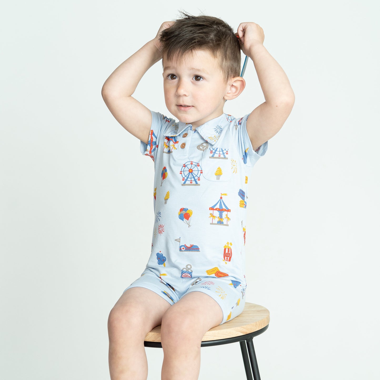 Bamboo Short Sleeve Polo Romper (Funland Print)