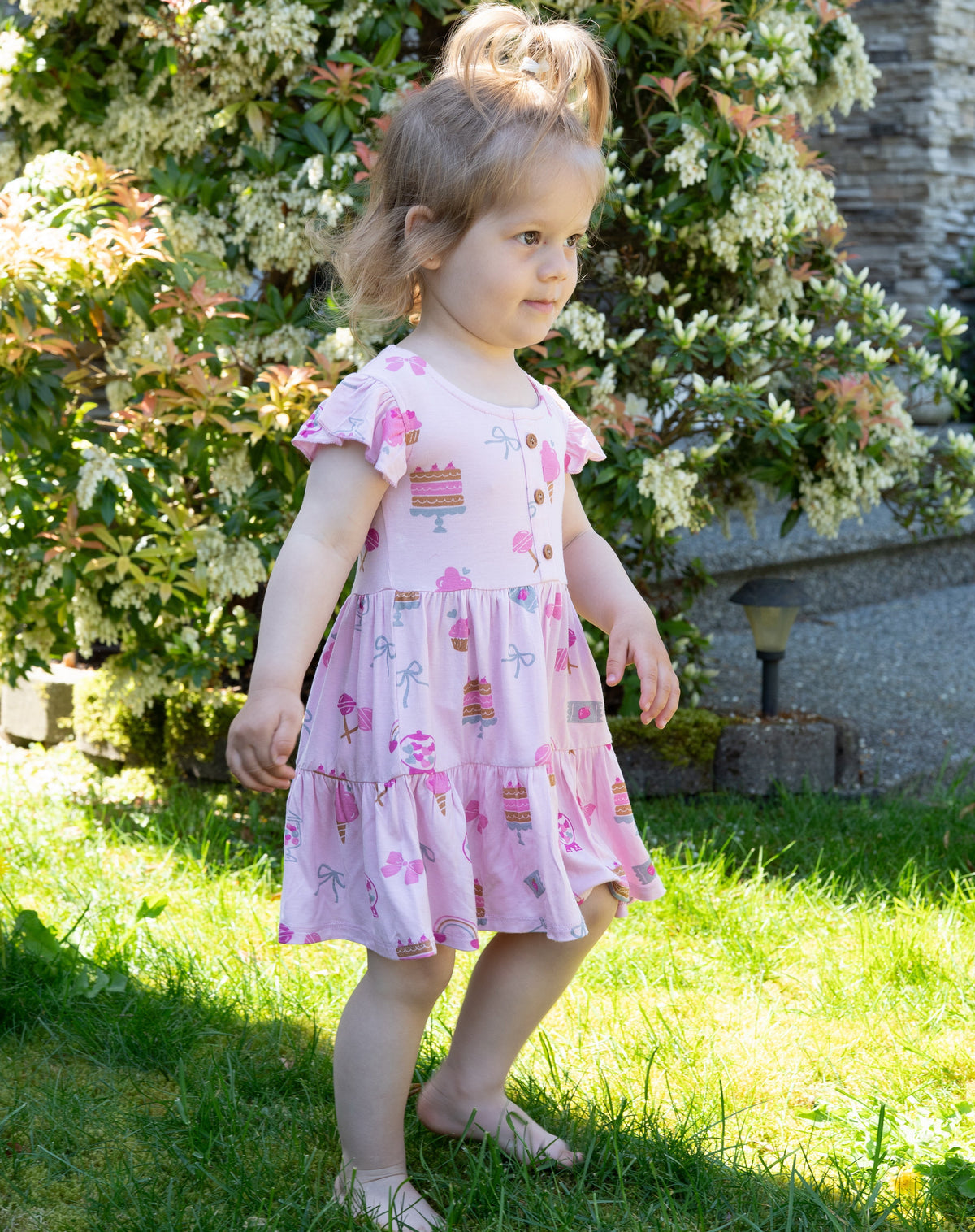 Bamboo Flutter Sleeve Tiered Dress with Bloomer (Sweet Shop Print)