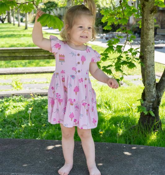Bamboo Flutter Sleeve Tiered Dress with Bloomer (Sweet Shop Print)
