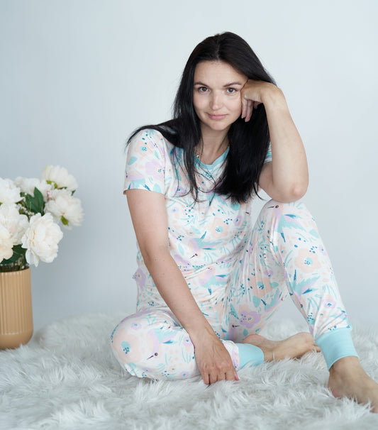Women's Bamboo Short Sleeve Pajama Set (Hummingbird Garden Print)