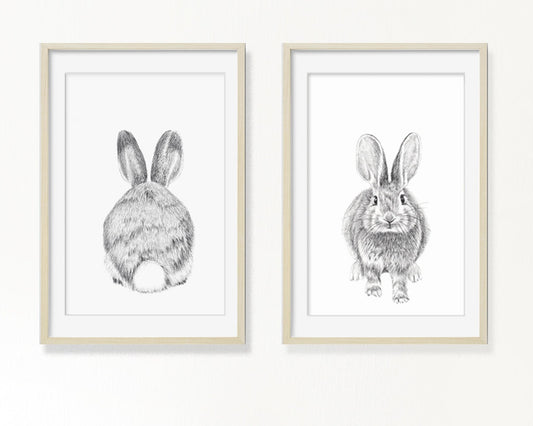 Duo de bébés lapins, imprimés d'art mural noir et blanc pour chambre d'enfant, recto verso