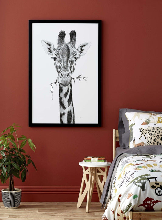 Portrait de girafe - impression d'art safari noir et blanc