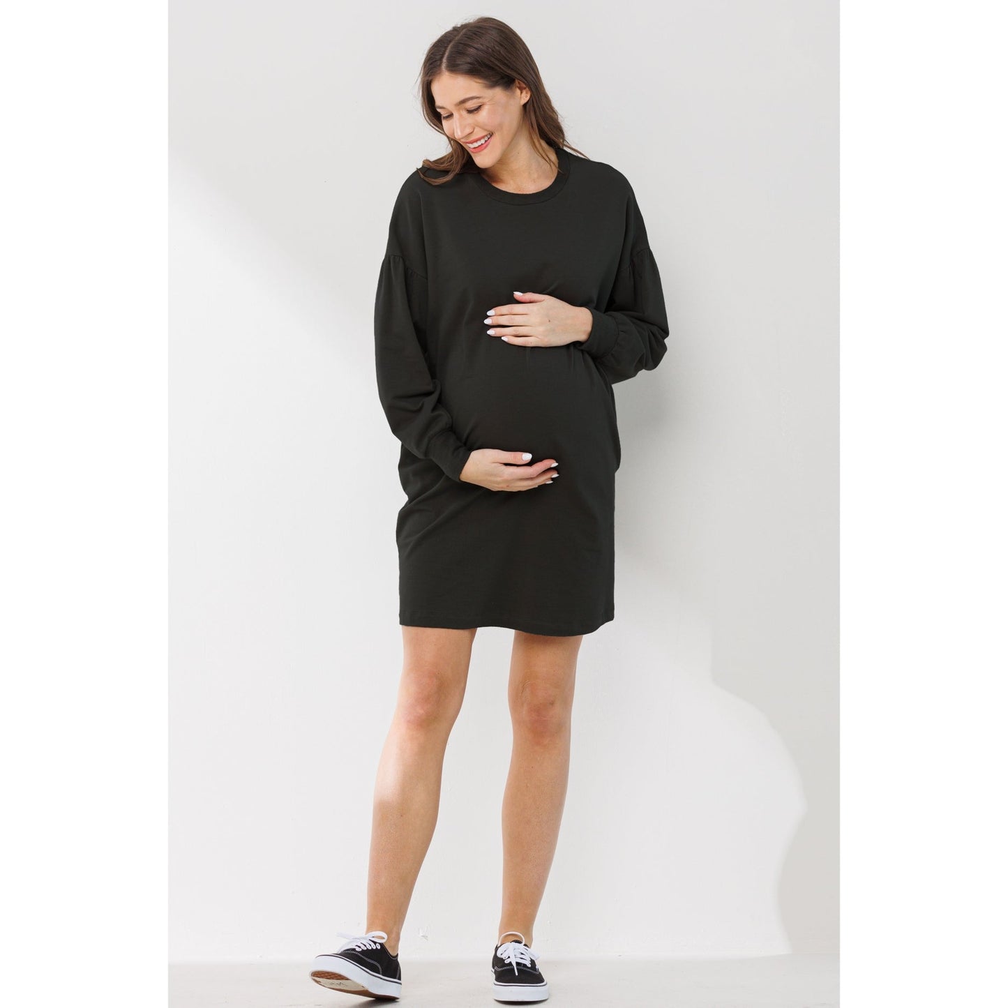 Crew Neck Maternity Sweater Dress W/Pockets | Black