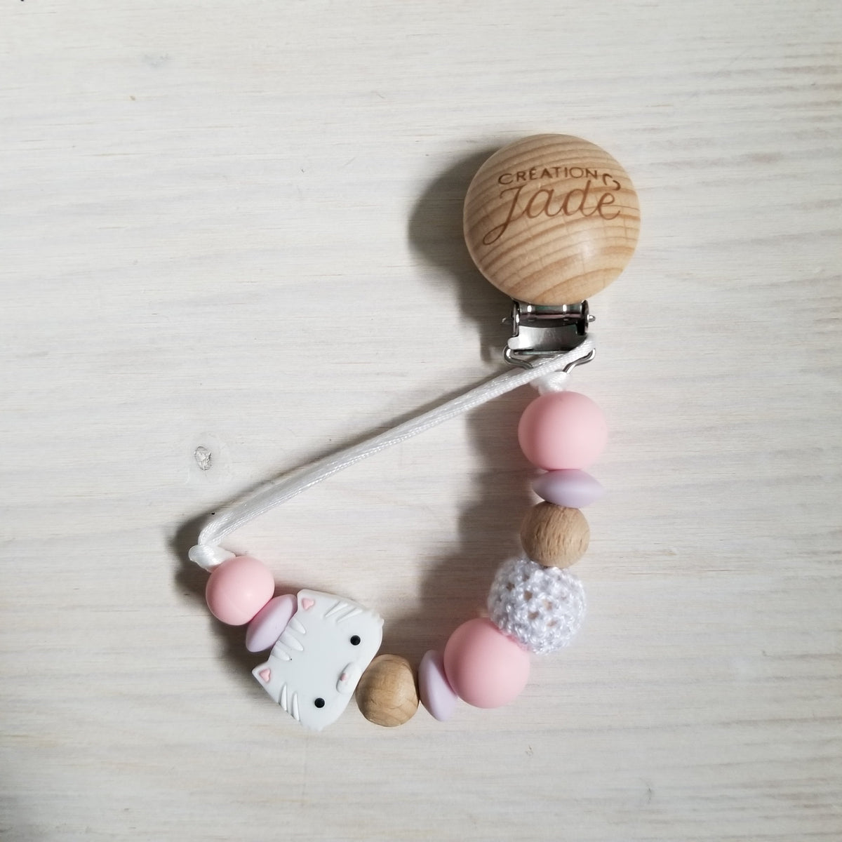 Wood Pacifier Clip - Pink Kitten