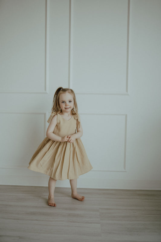 Cotton Shoulder Tie Dress - Beige