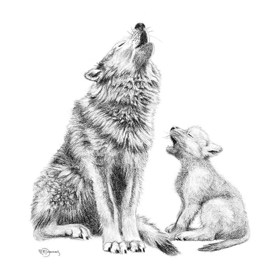 Loup hurlant avec son louveteau - Décoration murale animaux des bois