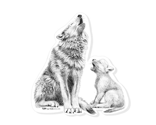 Autocollant Loup hurlant avec louveteau pour Bouteille d'eau, Agenda ou Ordinateur