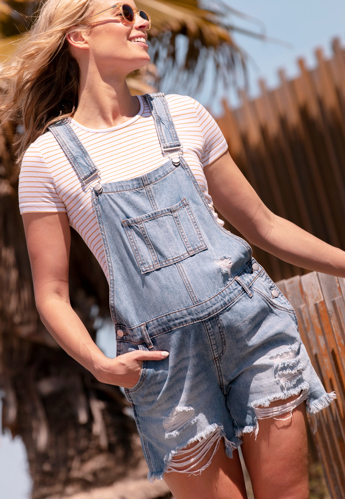 Distressed Denim Maternity Short Overalls