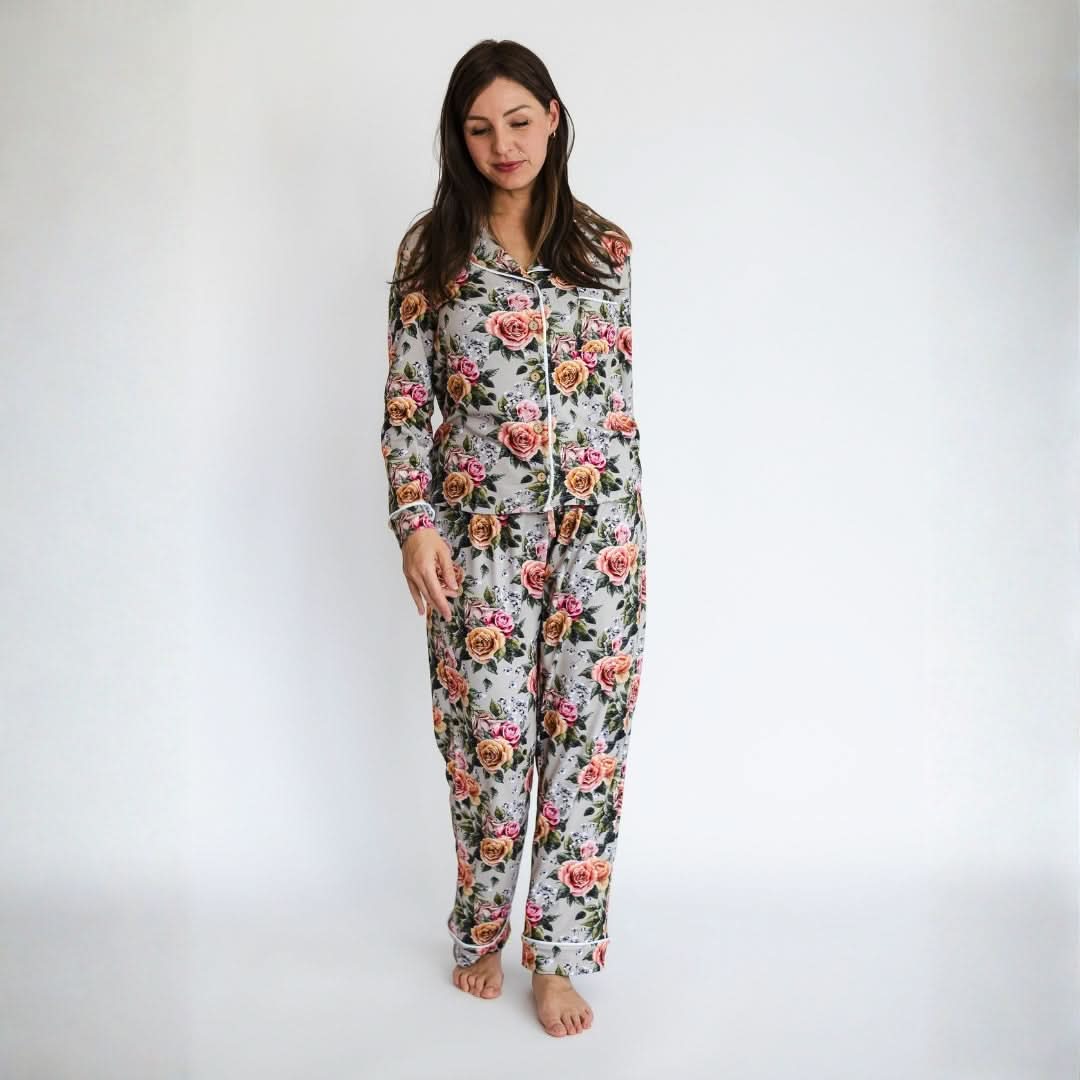 Ensemble de nuit long en bambou à manches longues boutonnée pour femme | Olive