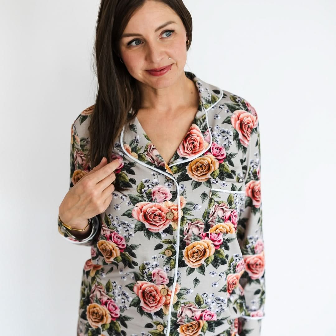 Ensemble de nuit long en bambou à manches longues boutonnée pour femme | Olive