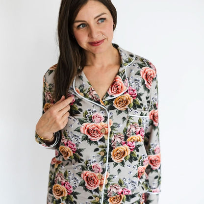 Ensemble de nuit long en bambou à manches longues boutonnée pour femme | Olive