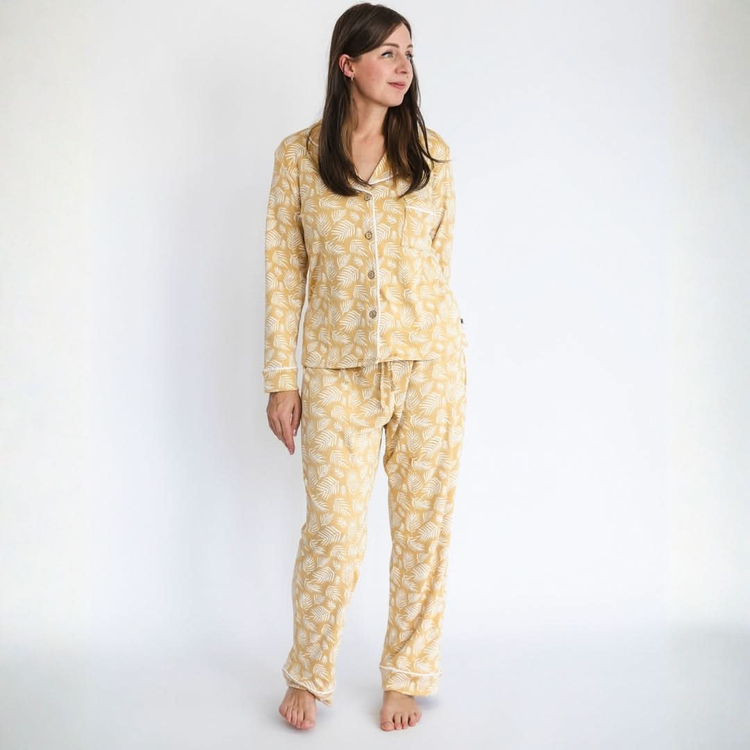 Ensemble de nuit long en bambou à manches longues boutonnée pour femme | Olive