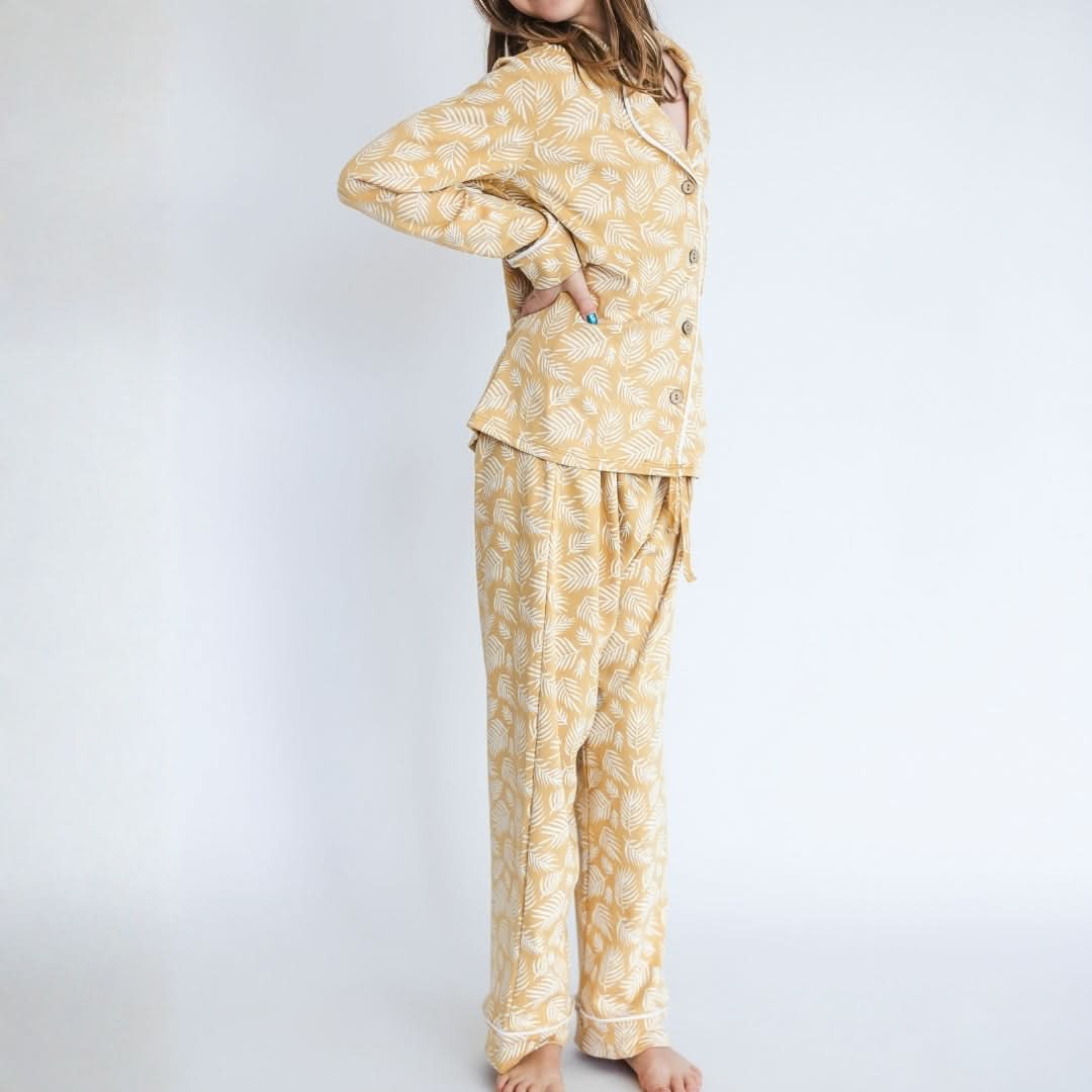 Ensemble de nuit long en bambou à manches longues boutonnée pour femme | Olive