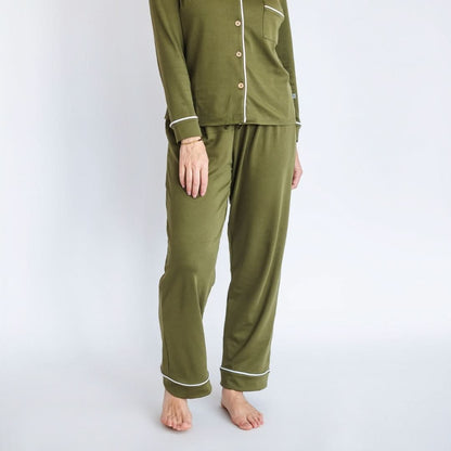 Ensemble de nuit long en bambou à manches longues boutonnée pour femme | Olive