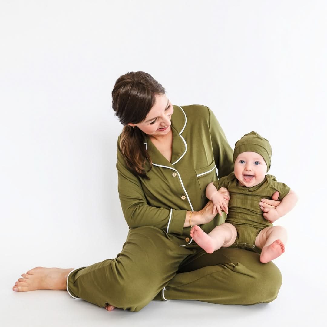 Ensemble de nuit long en bambou à manches longues boutonnée pour femme | Olive