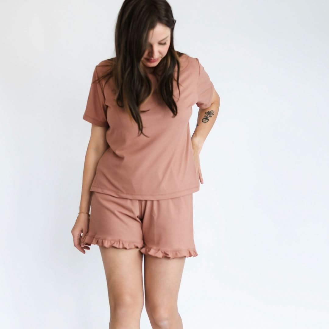 Ensemble de détente 2 pièces à manches courtes en bambou pour femme | Côtes Terracotta